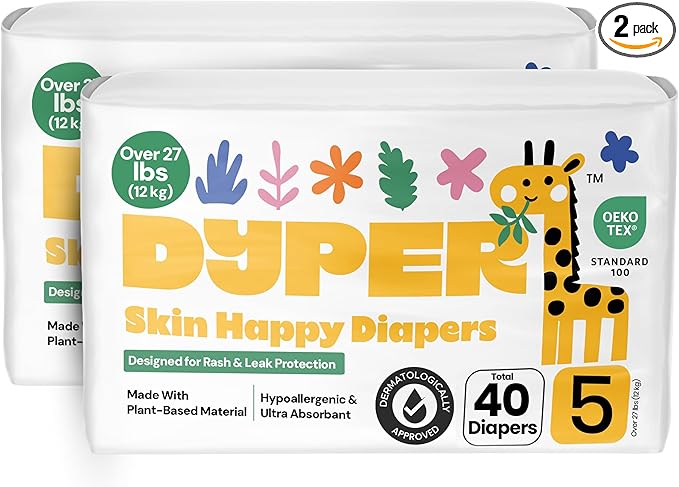 DYPER - Pack of 2 Baby Diapers Size 5 (40 Count) - Leak Proof, Plant Based, Hypoallergenic & Ultra Absorbent Disposable Diaper for Day & Overnight, Skin-Friendly Comfort Size 5 Diapers (<27 lbs)