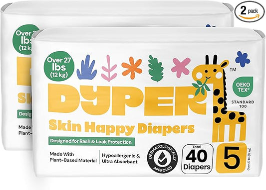 DYPER - Pack of 2 Baby Diapers Size 5 (40 Count) - Leak Proof, Plant Based, Hypoallergenic & Ultra Absorbent Disposable Diaper for Day & Overnight, Skin-Friendly Comfort Size 5 Diapers (<27 lbs)