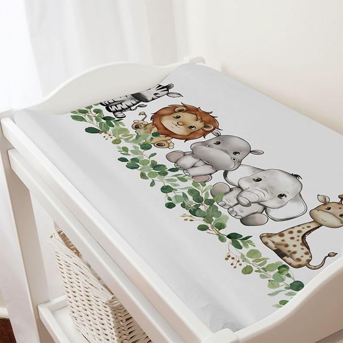 Baby Safari Animals Changing Pad Cover Cute Lion Elephant Giraffe Zebra Hippo Green Eucalyptus Leaves Change Table Pad Cover for Boys Girls Soft Stretch Fitted Diaper Changing Mat Sheets 32''x16''