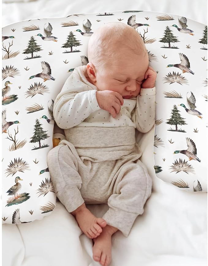 Retro Duck Hunting Baby Nursing Pillow Covers for Boy Girl Vintage Flying Mallards Nursing Pillowcase for Breastfeeding Pillows Wild Ducks Trees Leaves Soft Stretchy Slipcovers for Newborn Infant