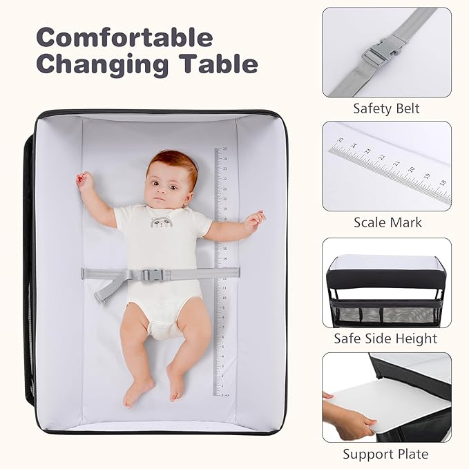 INFANS Baby Changing Table with Wheels, Portable Folding Diaper Station Nursery Organizer with Storage Basket, Hanging Rack, Adjustable Height, Safety Belt for Newborn Infant (Black)