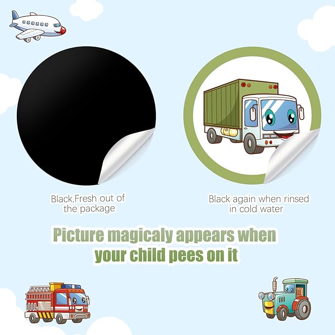 Geyee 24 Pcs Potty Training Stickers Potty You Pee on Toilet Reveal Stickers Chart Reusable Pee Decals Color Changing Seat Toilet Targets for Boys Girls Kids Training Use(Vehicle)