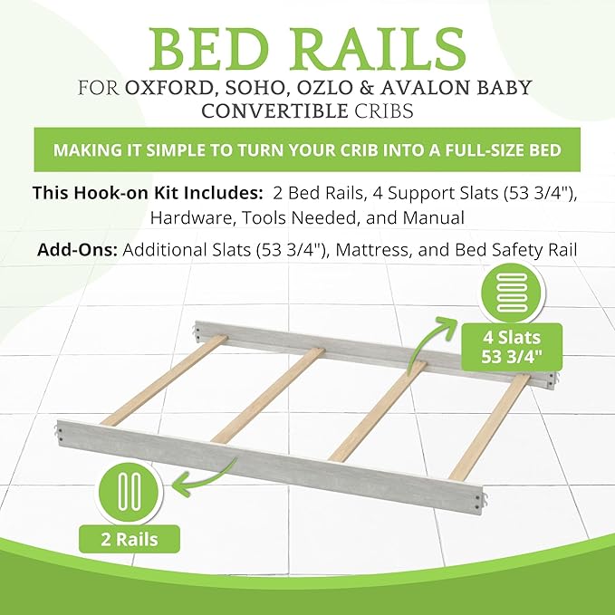 Full-Size Conversion Kit Bed Rails for Oxford, Soho, Ozlo & Avalon Baby Convertible Cribs - Solid Wood - Toddler & Adult Rail for Full-Size Bed - Nursery & Baby Furniture (Antique Silver, Hook-On Kit)