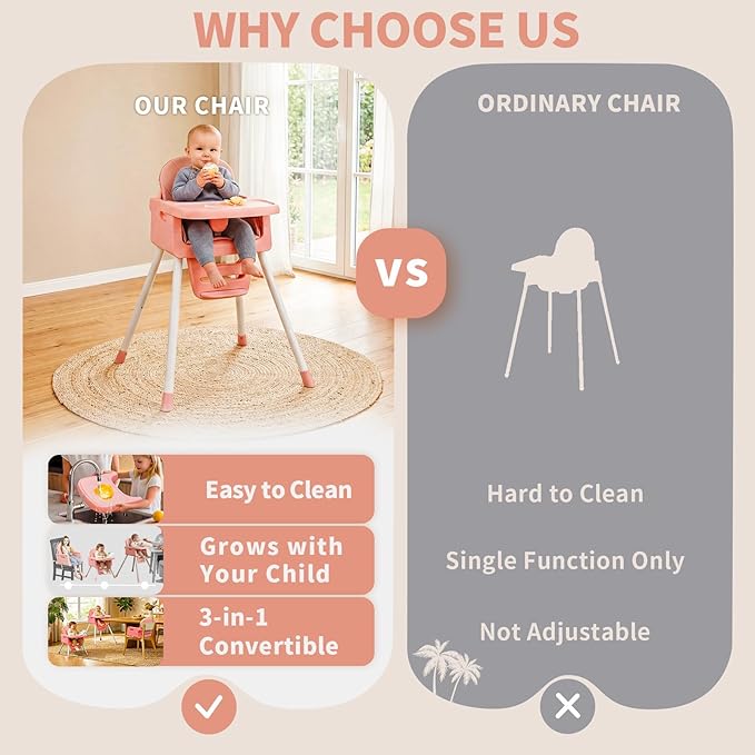 Portable High Chairs for Babies and Toddlers, Convertible Baby Feeding Chair with Tray, Easy Clean High Chair for Toddler with Foot Rest, Infant Highchairs & Booster Seats with Cushion Pink