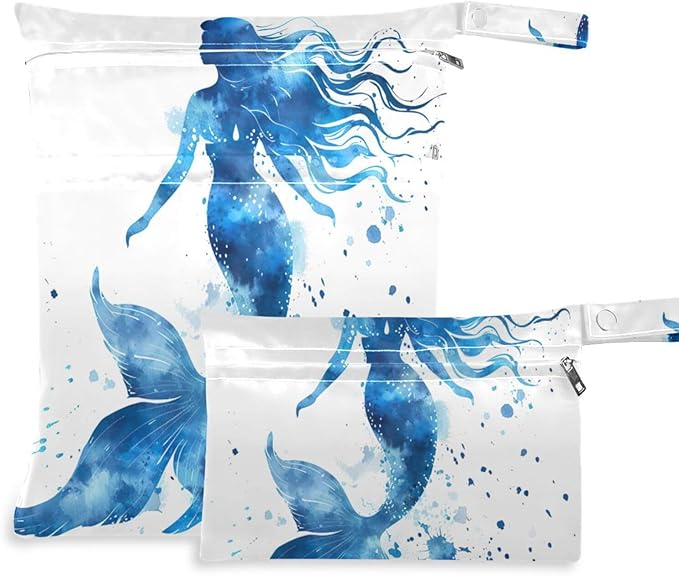Watercolor Blue Mermaid Wet Dry Bag for Baby Cloth Diaper Waterproof Reusable Travel Wet Bag with Two Zippered Pockets for Swimsuits, 2 Pcs
