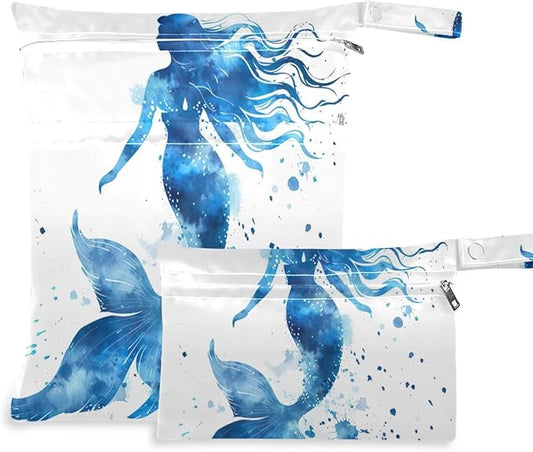 Watercolor Blue Mermaid Wet Dry Bag for Baby Cloth Diaper Waterproof Reusable Travel Wet Bag with Two Zippered Pockets for Swimsuits, 2 Pcs