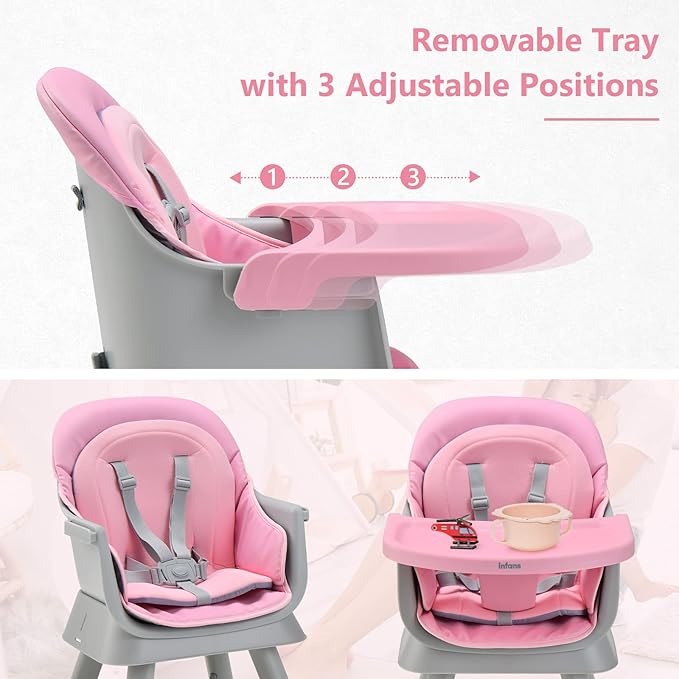 INFANS 8 in 1 Baby High Chair, Convertible Highchair for Babies and Toddlers, Infant Dining Booster Seat, Building Block Table, Kids Stool Table Chair Set with Removable Tray (Light Pink)