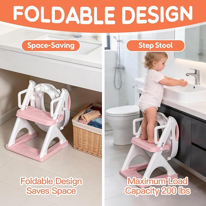 Potty Training Seat with Step Stool Ladder, Toddler Toilet Seat for Boys Girls, Adjustable 6 Heights Fits Round & Elongated Toilets, Anti-Slip Pads & Leak-Proof Guard, Pink