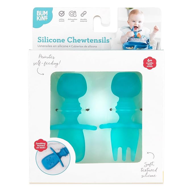 Bumkins Baby Utensils Set, Chewtensils Silicone Spoons for Dipping, Self-Feeding, Baby Led Weaning, Trainer Learning, First Stage Eating, Soft Practice Fork and Spoon, Babies 6 Months, Blue Jelly