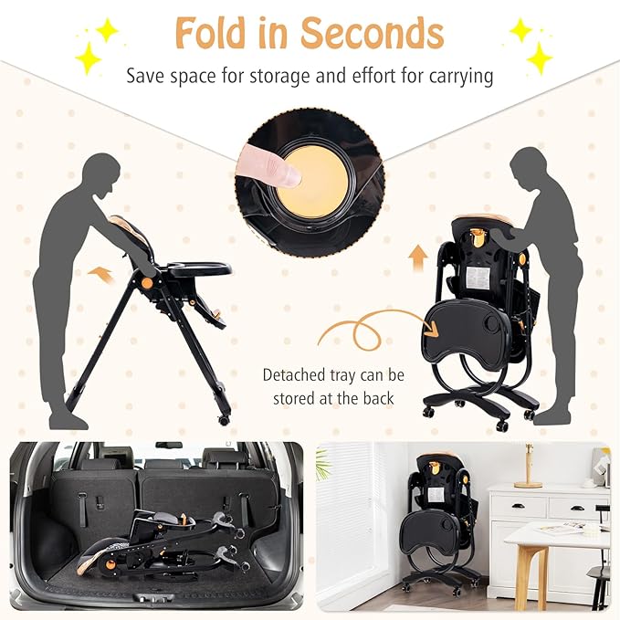 BABY JOY High Chair, Foldable Baby High Chair with Adjustable Height, Backrest & Footrest, Double Removable Tray, Portable Chair with Wheels for Babies & Toddlers of 6-36 Months (Black)