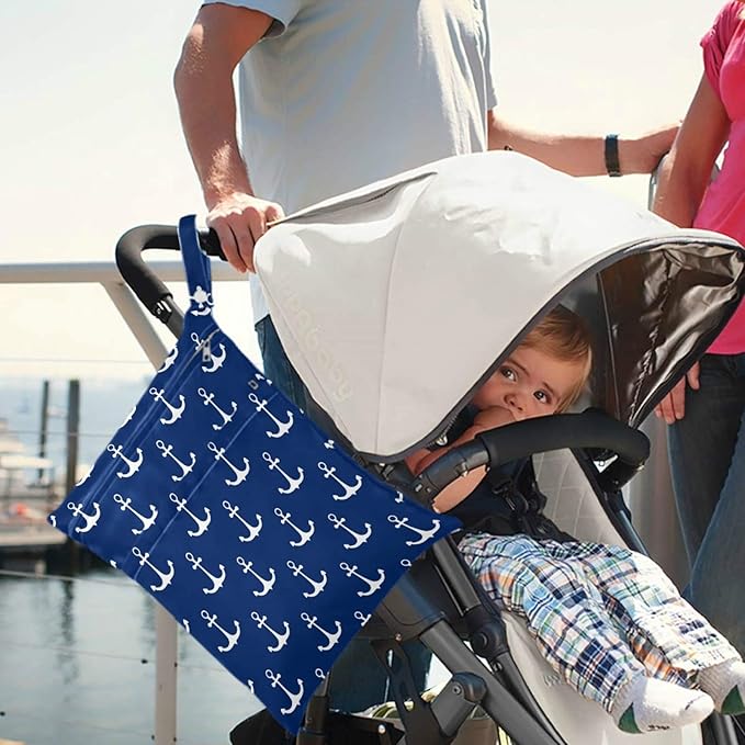 visesunny Classic Anchor Dark Blue 2Pcs Wet Bag with Zippered Pockets Washable Reusable Roomy for Travel,Beach,Pool,Daycare,Stroller,Diapers,Dirty Gym Clothes, Wet Swimsuits, Toiletries