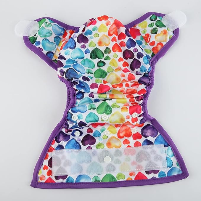 Baby Cloth Diaper Cover Nappy Hook and Loop Double Gusset 6.6lbs to 33lbs (Rainbow Hearts)