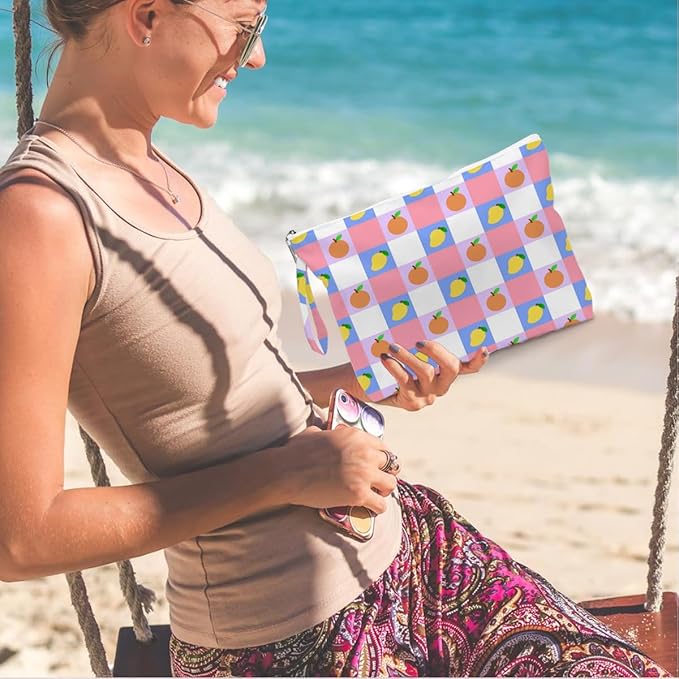 Wet Dry Bag, Wet Bag for Swimsuit, Diaper Sunscreen Large Zipper Pouch Waterproof Pouch, Beach Bags for Women, Orange and Mango Checkered Pattern, Gifts for Ladies Girls Friends Colleagues and Sisters
