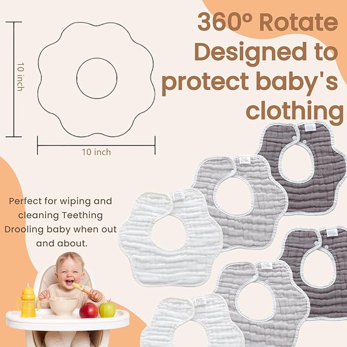 MUKIN Soft Cotton Muslin Baby Bibs 6 Pack | Adjustable Snap Closure for Newborns| Absorbent for Drooling, Teething & Feeding