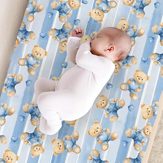 Cute Cartoon Bear Heart Stripes Baby Changing Pad Cover, Unisex Bear Nursery Diaper Changing Table Pad Mat Sheet for Boys Girls-16x32
