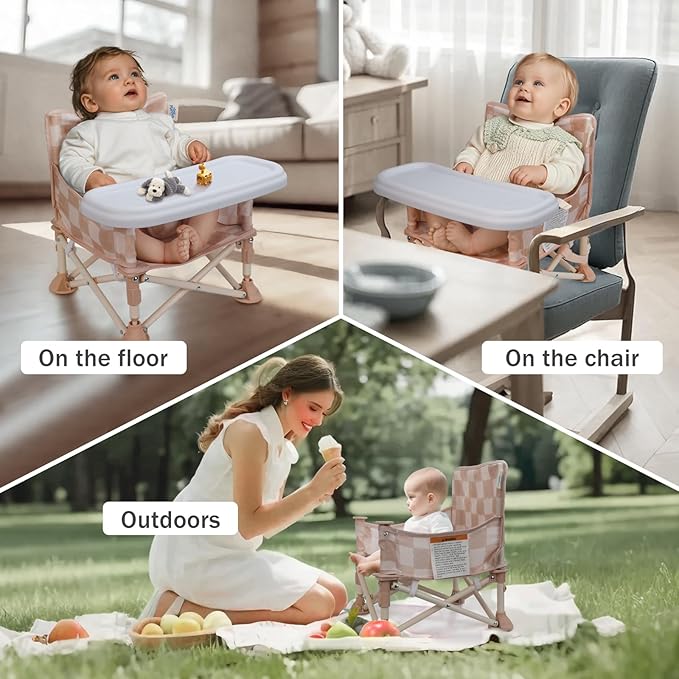Tiny Marvels 3-in-1 Portable Baby Chair, Foldable Booster Seat with Removable Tray, Safety Harness & Carry Bag for Dining, Travel, Camping, Beach, 6M-3Y (Sand Checker)