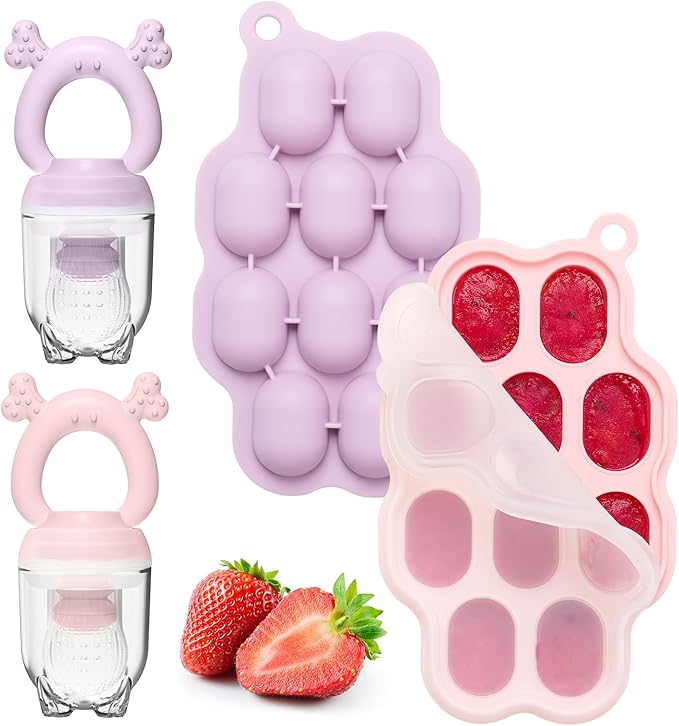 KingKam Baby Breastmilk Popsicle Molds & Baby Fruit Feeder (2 Pack), Baby Food Freezer Tray Storage Containers, Silicone Pacifier Feeder and Teether