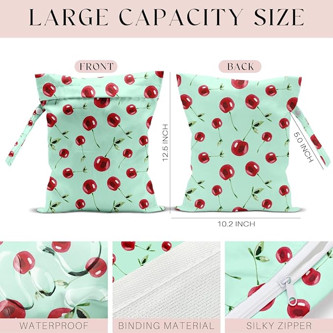 Wet Bag, Wet Dry Bag, Waterproof Swim Bags, Machine Washable Reusable Bags for Beach, Pool, Diapers, and Dirty Yoga Gym Clothes(Mint Green Watercolor Cherry Pattern