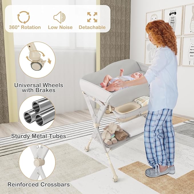 HONEY JOY Changing Table, Folding Mobile Diaper Nursery Organizer w/Wheel, 3 Adjustable Heights, Storage Bag & Open Shelf, Water Basin, Portable Baby Changing Station for Newborn Infant(Gray)