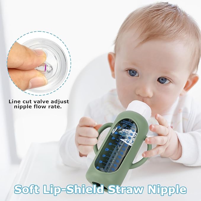 Dr. Brown's Sippy Straw Cup Conversion Kit with Silicone Sleeves for Narrow Glass Baby Bottle 8oz, Weighted Straw Replacement Kit with Soft Sippy Spout and Handle, 6m+, Set of 3