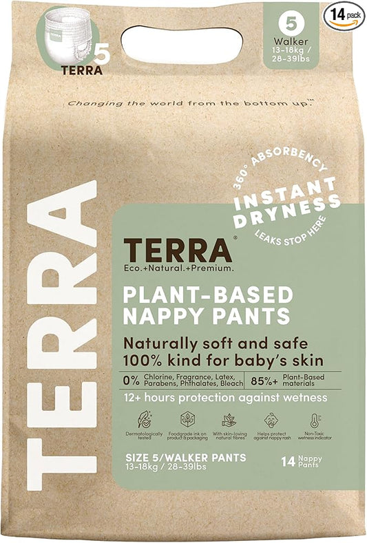 Terra Training Pants Size 5: 85% Plant Based Pull-Up Style Diapers, Ultra-Soft & Chemical-Free for Sensitive Skin, Superior Absorbency, Perfect Overnight Diapers, for Toddlers 28-39 Pounds, 14 Count