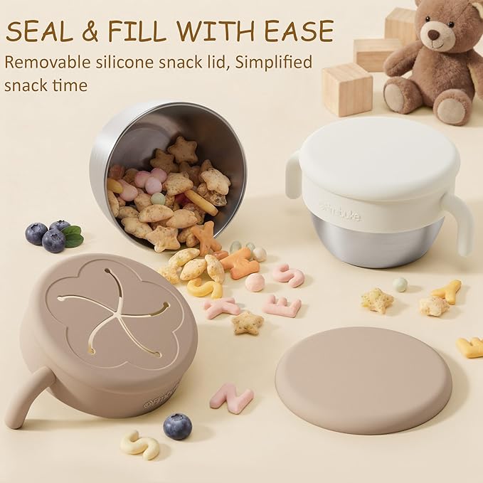 Fimibuke Snack Containers for Toddlers Kids, 12 OZ Spill Proof Stainless Steel Baby Snack Cups with Removable Silicone Food Catcher, Handles & Travel Lid BPA-Free Dishwasher Safe Food Container 2 Pack