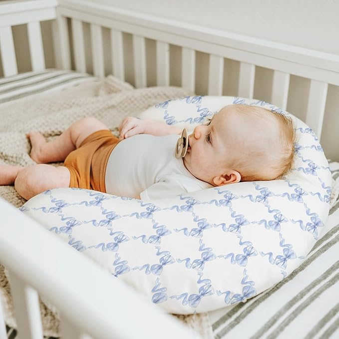 Blue Bows Ribbon Baby Nursing Pillow Covers for Boy Girl Pastel Blue Ribbons Nursing Pillow Slipcovers for Breastfeeding Pillows Watercolor Bows Soft Stretchy Removable Covers for Newborn Infant