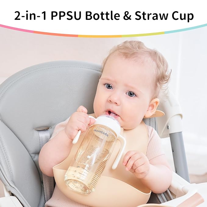 2 in 1 Baby Bottles n Straw Cup with Handle, Mombella Classic PPSU Baby Bottle & Sippy Cup, Toddler Water Bottle, Soft Silicone Fast Flow Nipple, BPA Free Transition Cup for 6 Months+, 10oz, Ivory