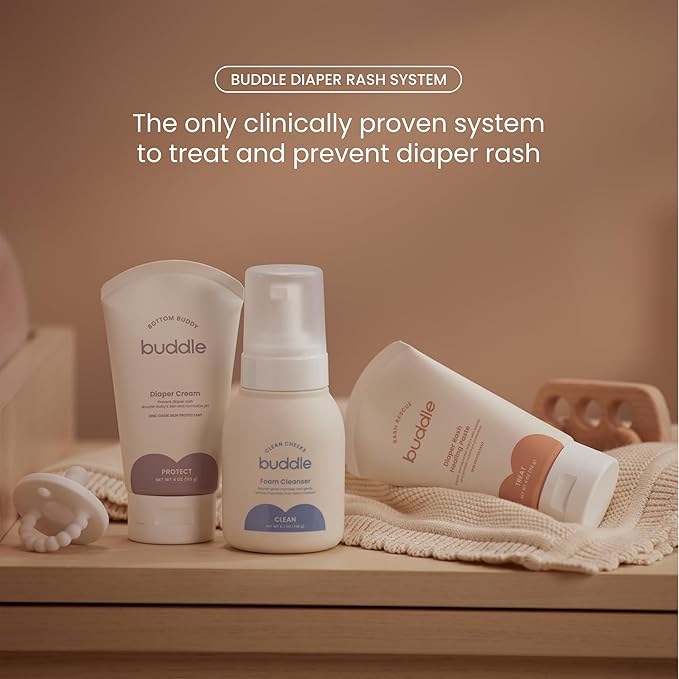 Buddle Diaper Rash 3-Piece System, 40% Zinc Oxide Ointment, Diaper Cream & Foam Cleanser for No-Rinse Cleansing