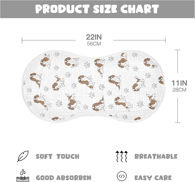 4 Pack Muslin Burp Cloths Cavalier Dogs Paw White Cotton Baby Burp Cloths Ultra Absorbent Burping Cloth Soft Spit Up Rags for Newborn Babies Boys Girls 22x11 Inch