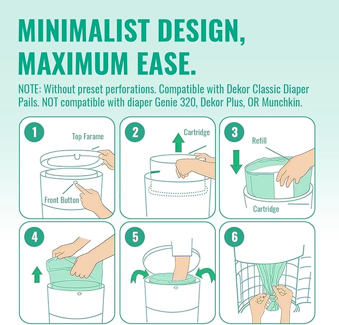 Compatible with Diaper Dekor CLASSIC Diaper Pail Refills | 8 Pack | Odor-Control Liners | Leak-Resistant Incontinence Disposal Bags with Lemon Scent | Durable & Economical