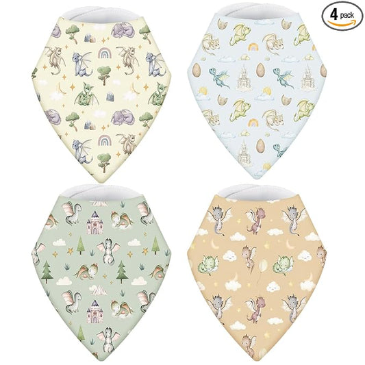 VitalCozy 4 Pcs Watercolor Dragon Baby Bandana Bib Cotton Newborn Infant Feeding Drool Bib for Drooling and Teething Girl Boy