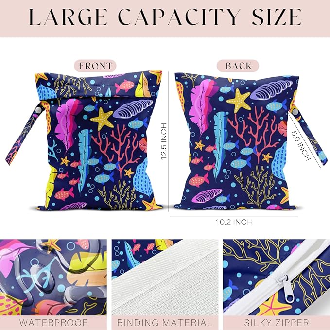 Wet Bag, Wet Dry Bag, Waterproof Swim Bags, Machine Washable Reusable Bags for Beach, Pool, Diapers, and Dirty Yoga Gym Clothes(Colorful Coral Reef Fish Starfish Print