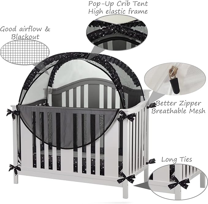 Crib Tent Crib Net, Pop-up Baby Tent Breathable Mesh Toddler Bed Canopy Covers with Self-Locking Zippers, Prevent Babies Climbing Out, Falling and Mosquito Bites
