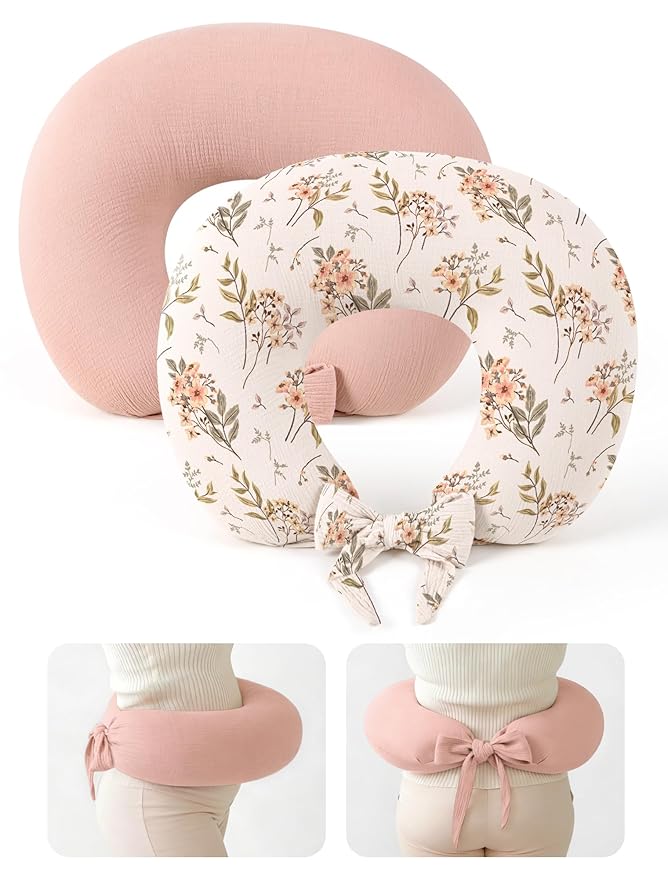 lulumoon Muslin Nursing Pillow Covers - 2-Pack Cotton Slipcovers for Breastfeeding Pillow - Extended Adjustable Strap for Secure Fit & Stable Support - Hidden Zipper Safety for Bottle-Feeding