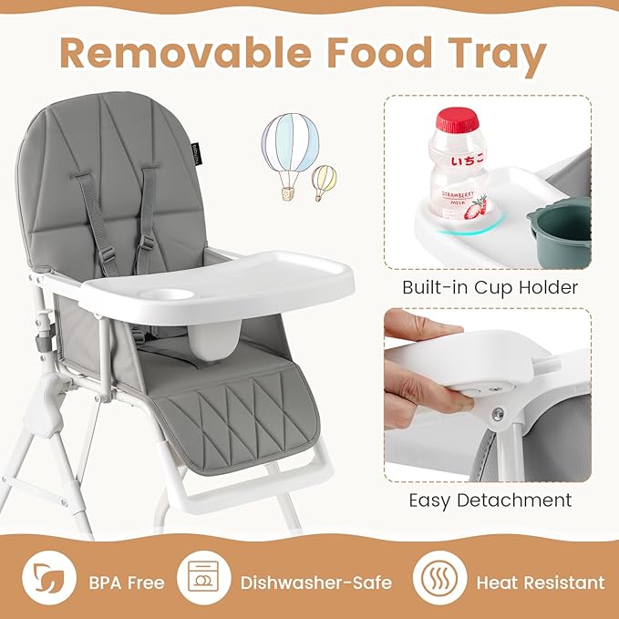 HONEY JOY High Chair, Foldable Baby Feeding Chair, Adjustable Tray & Footrest, Removable Easy-to-Clean PU Seat Cushion, 5-Point Harness, Cup Holder, Highchairs for Babies and Toddlers (Gray)