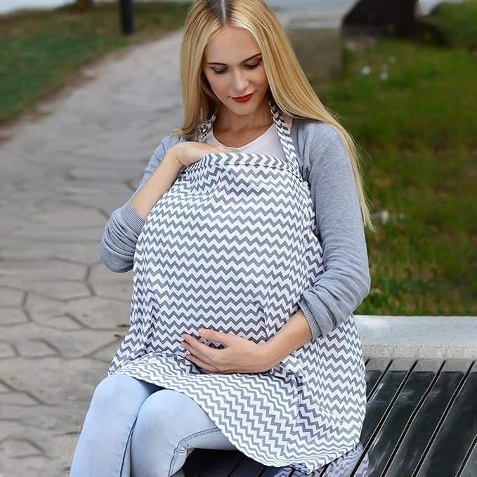 SONARIN Stripes Premium Breastfeeding Nursing Covers,4 in 1 Multifunction,with Storage Bag & Towel Corners,Nursing Scarf,Breathable & Lightweight(Grey)