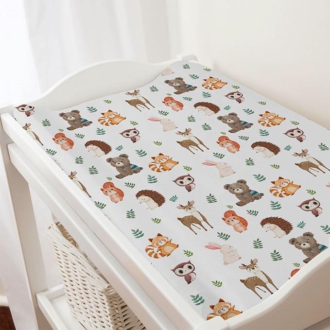Cartoon Animals Leaves Changing Pad Cover Cute Bear Raccoon Squirrel Deer Rabbit Hedgehog Owl Change Table Cover for Boys Girls Soft Stretch Fitted Diaper Changing Mat Sheets 32''x16''