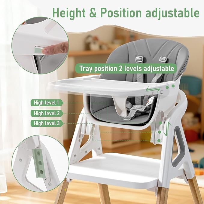 Baby High Chair, Babies and Toddlers Convertible Slim High Chair with 6 Growing Stages from Infant to Toddler Seating with Removable Tray, Easy to Clean,Gray Cushion