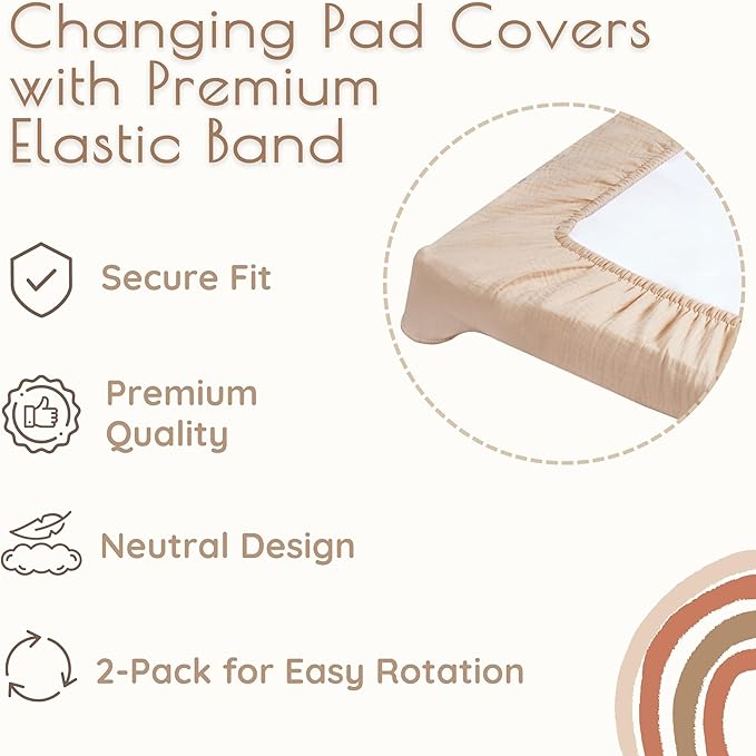 Baby Changing Pad Covers Boy, 2-Pack Changing Table Sheets, 100% Cotton Muslin Changing Pad Covers, 32"x16" x 8" Diaper Changing Pad Cover Boy, Oeko-TEX (Rainbow + Neutral Beige Changing Pad Cover)