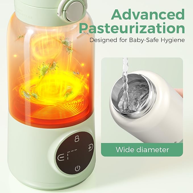 HEYAXA Portable Bottle Warmer for Travel, 15oz Capacity Baby Bottle Warmer with Fast Heating, 12000mAh Battery & Fast Charger, Pasteurization for Hygiene, Precise Temp Control, Leak-Proof