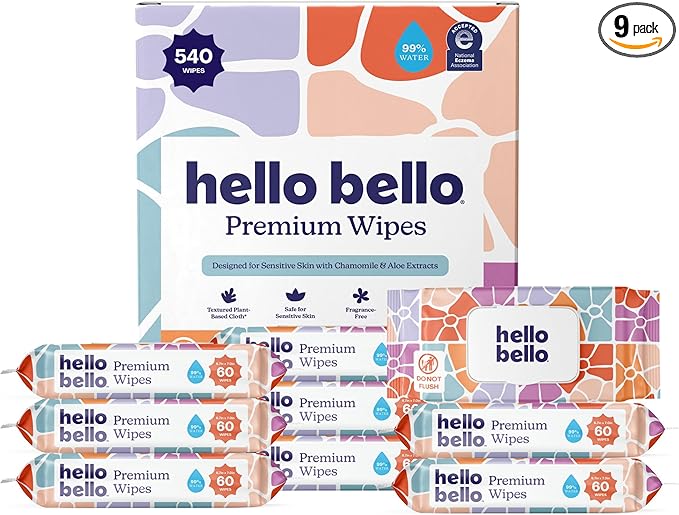 Hello Bello Premium Wipes, Designed for Sensitive Skin with Chamomile & Aloe Extracts, Flower Pop (9 Resealable Packets = 540 Total Wipes)