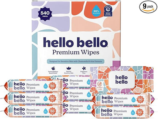 Hello Bello Premium Wipes, Designed for Sensitive Skin with Chamomile & Aloe Extracts, Flower Pop (9 Resealable Packets = 540 Total Wipes)
