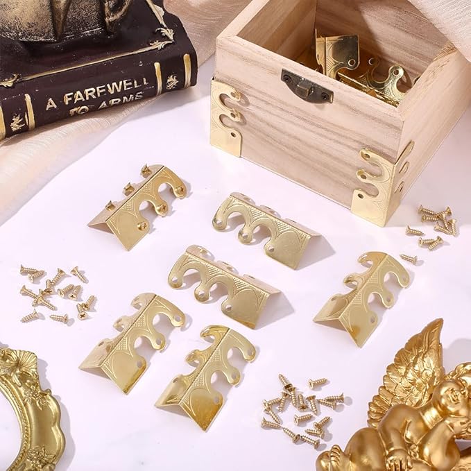 CRASPIRE 16Pcs Baseboard Corner Protectors Vintage Metal Rustic Decorative Guards Skirting Board Golden Safety Bracket with Screws for Wood Furniture Table Wall Edge Cover File Boxes Bookshelves