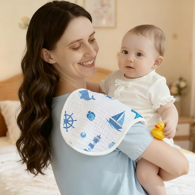 6 Pack Blue Burp Cloths Baby Boys Girls with Ocean Animals Pattern, Large Cotton Burping Clothes for Newborns Gifts Extra Soft and Absorbent 9.8X19.6inches