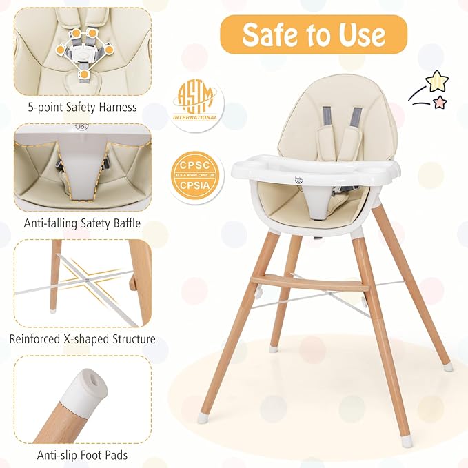 BABY JOY Baby High Chair, Wooden High Chair for Babies & Toddlers with Dishwasher Safe Double Removable Tray, Infant Feeding Chair with 5-Point Safety Harness & Detachable PU Seat Cushion (Beige)