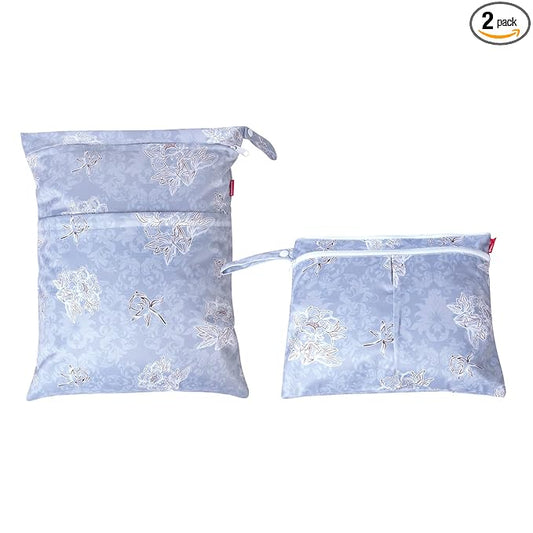 Damero 2 Pcs Wet Dry Bag for Cloth Diaper, Swimsuit, Clothes, Water-Resistant Reusable Wet Bag for Travel, Exercise, Beach, Pool, Daycare, Gray Flowers