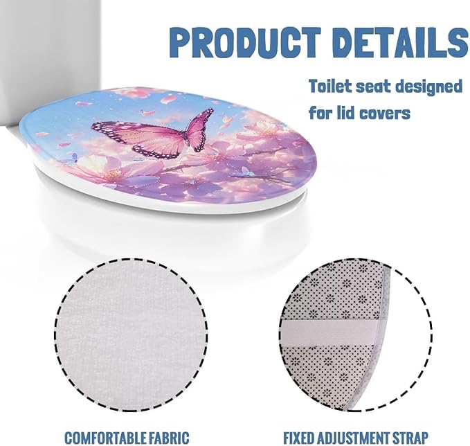 Pink Butterfly Toilet Lid Cover Protector Soft Flannel Fabric Toilet Cover Set Stretch Washable Protector Cover Suitable for Home School Hotel Dormitory Apartment