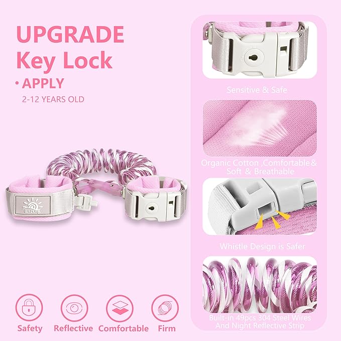Toddler Harness Walking Leash- Child Anti Lost Wrist Link - Child Safety Harness - Upgrade with Reflective(6.5ft) - for Boys and Girls,Not Easy to Open Without Key (Light Pink)