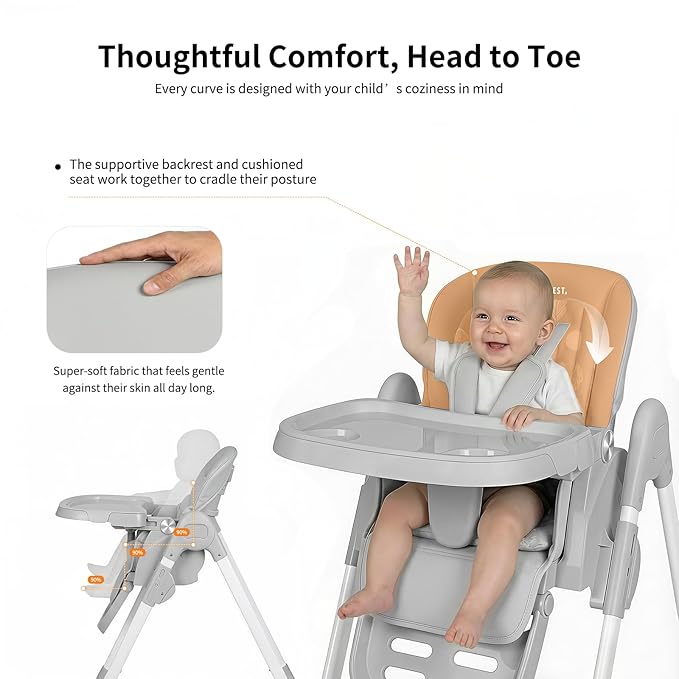 High Chair for Babies and Toddlers, Baby High Chair with Removable Tray, Adjustable Backrest, Footrest Height Settings, Space-Saving Design, Foldable (Light Gray)